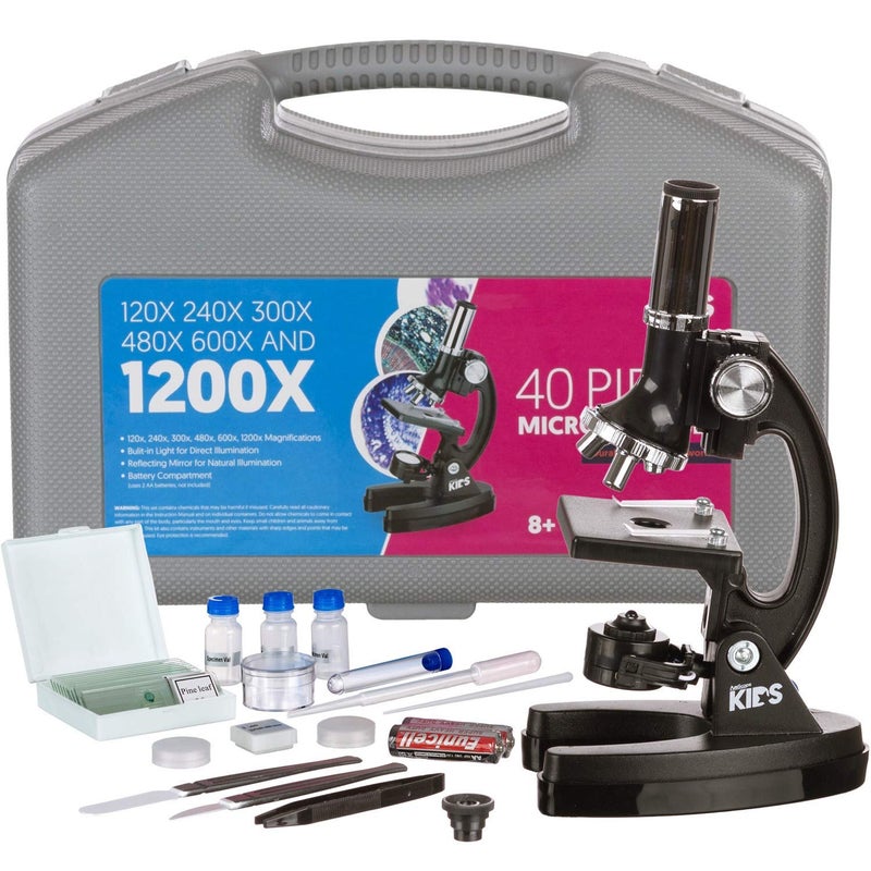 AmScope-KIDS M30-ABS-KT1 Beginner Microscope Kit, LED and Mirror Illumination, 120x - 1200x Six Magnifications, Metal Frame and Base, Includes 48-Piece Accessory Set and Case,Black - Image 1