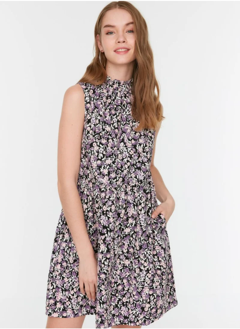 trendyol High Neck Floral Print Pocket Detail Dress