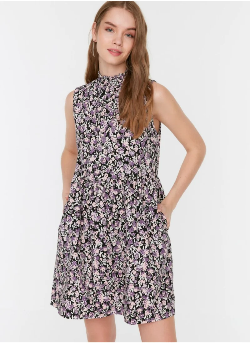 trendyol High Neck Floral Print Pocket Detail Dress