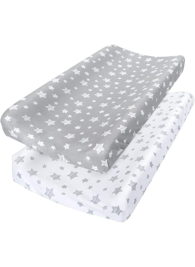 Moonsea Moonsea Changing Pad Cover for Boys Girls 2 Pack, Lovely Print Soft Unisex Diaper Change Table Sheets, Fit 32"x16" Contoured Pad, Comfy Cozy 2-Pack Cradle Sheets, Grey & White  - Image 1