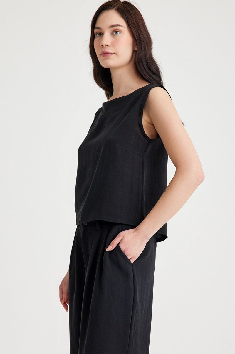 Barbora Linen Casual Sleeveless Top and Bottom Women's Set LN08SIYAH12  - Image 4