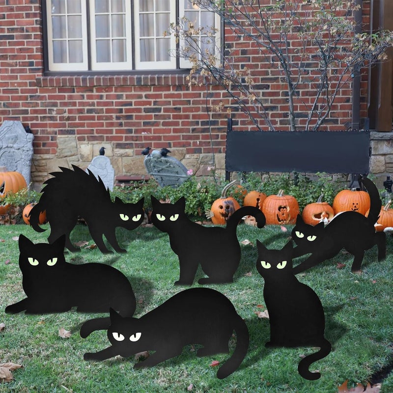 PhyLence 6 Pack Halloween Black Cat Yard Signs with Glowing Eye Stickers – Large Scary Cat Silhouette Decorations for Outdoor Lawn, Fence, Garden, Haunted House, Halloween Party Decor - Image 1