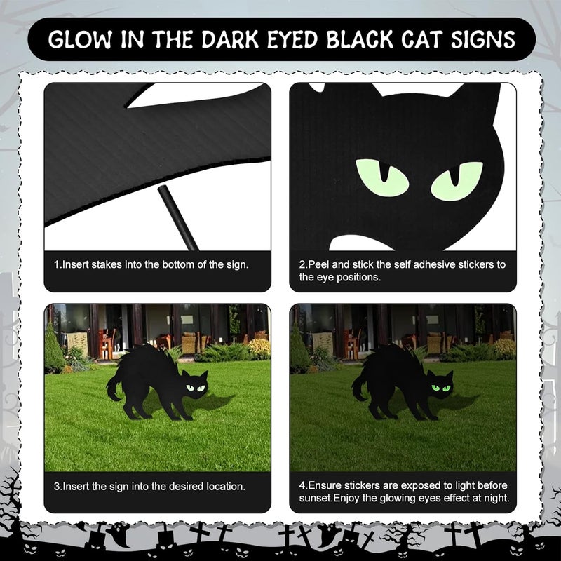 PhyLence 6 Pack Halloween Black Cat Yard Signs with Glowing Eye Stickers – Large Scary Cat Silhouette Decorations for Outdoor Lawn, Fence, Garden, Haunted House, Halloween Party Decor - Image 3