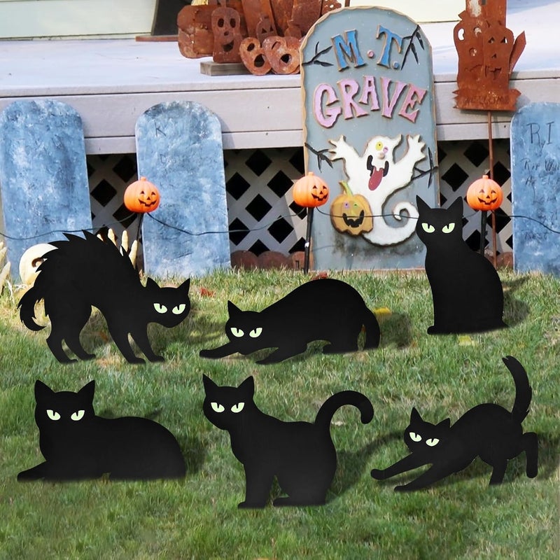 PhyLence 6 Pack Halloween Black Cat Yard Signs with Glowing Eye Stickers – Large Scary Cat Silhouette Decorations for Outdoor Lawn, Fence, Garden, Haunted House, Halloween Party Decor - Image 5