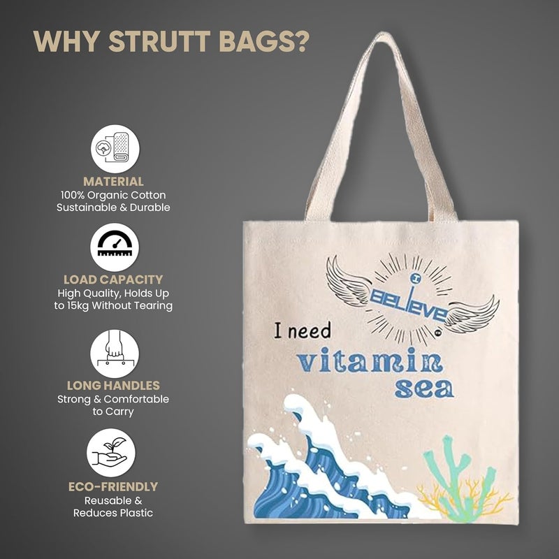 STRUTT حقيبة قماش قابلة للطي للنساء، حقيبة للطالبات الجامعيات، حقيبة تسوق قابلة لإعادة الاستخدام من القطن العضوي 100%، حقيبة متعددة الأغراض صديقة للبيئة للسفر والاستخدام اليومي - في الفيتامينات - Image 2