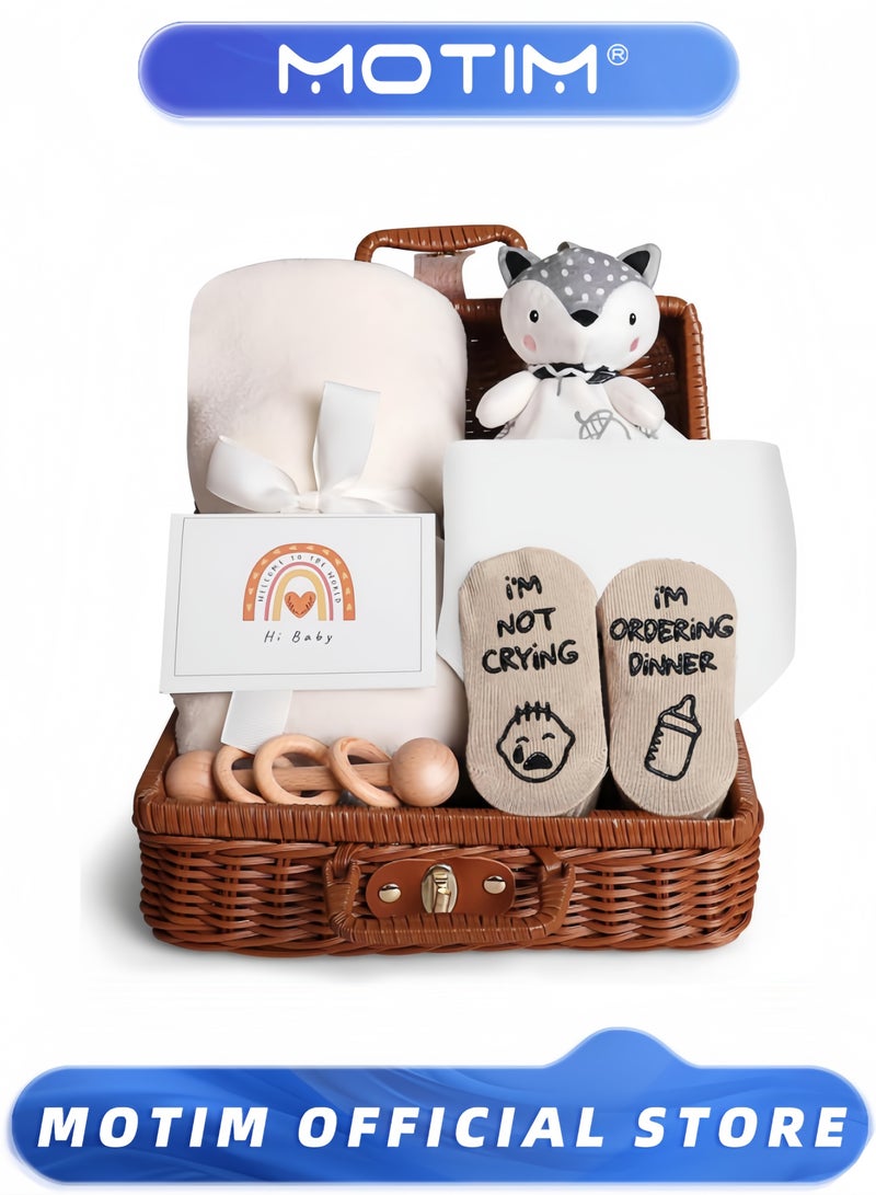Motim Baby Shower Gifts New Born Baby Gifts for Girls Boys Unique Baby Gifts Basket Essential Stuff Baby Lovey Blanket Newborn Bibs Socks Wooden Rattle & Greeting Card Newborn Baby Gift Set - Image 1