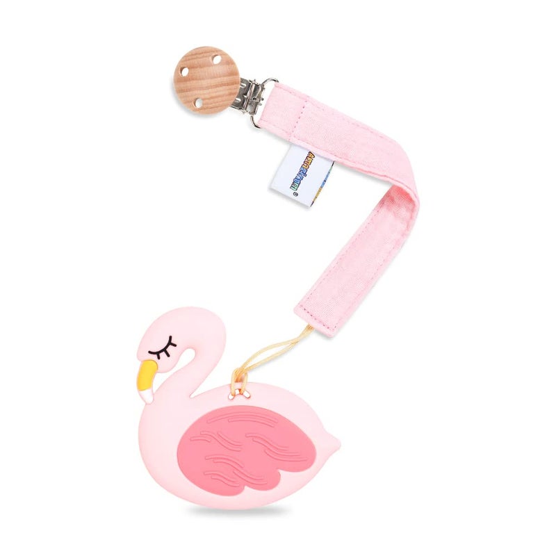 Baby Food Grade Silicone Teether Toy with Pacifier clip HolderTeething Pain Relief Toys Gift Set for 3 Months Boys and GirlsFreezer SafeBPA Free Pink Flamingo