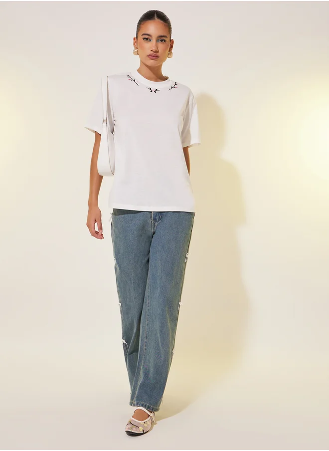 ستايلي Embroidered Round Neck Regular Fit T-Shirt