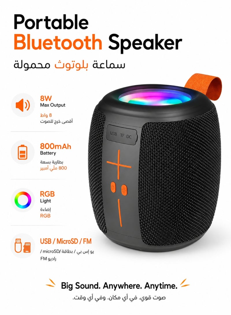 Leoxol Bluetooth Speaker 8W Max Output | Portable Wireless Speaker With RGB Light | USB MicroSD AUX FM MP3 Player | 800mAh Battery For Phone Tablet | Black - Image 1