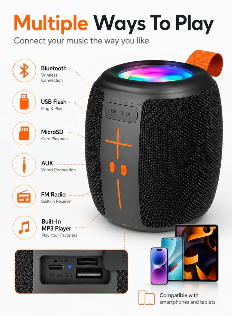 Leoxol Bluetooth Speaker 8W Max Output | Portable Wireless Speaker With RGB Light | USB MicroSD AUX FM MP3 Player | 800mAh Battery For Phone Tablet | Black - Image 3