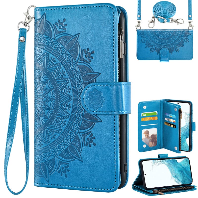 Asuwish Phone Case for Samsung Galaxy S22 5G Wallet Cell Cover with Screen Protector Lanyard Wrist Strap Mandala Flower Flip Zipper Card Holder Slot Stand S 22 22S 4G G5 61 inch Women Girls Blue