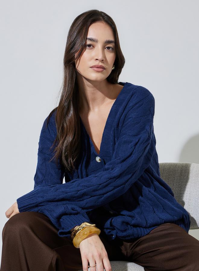 Styli Navy Bule Solid Cable Knit Cardigan - Image 1