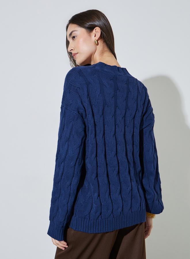 Styli Navy Bule Solid Cable Knit Cardigan - Image 5