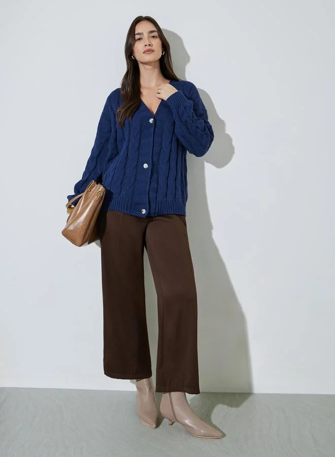 ستايلي Navy Bule Solid Cable Knit Cardigan
