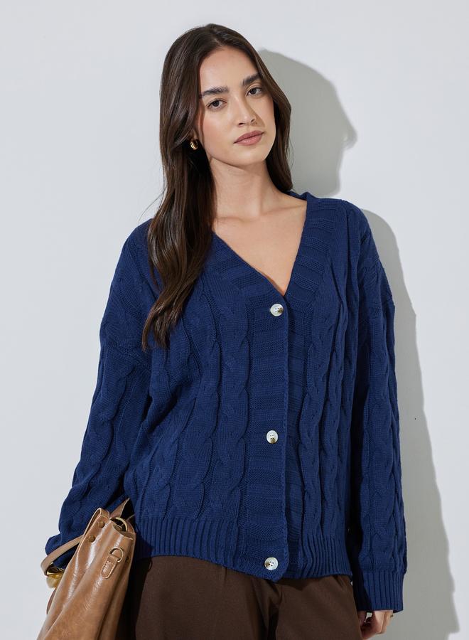 Styli Navy Bule Solid Cable Knit Cardigan - Image 3
