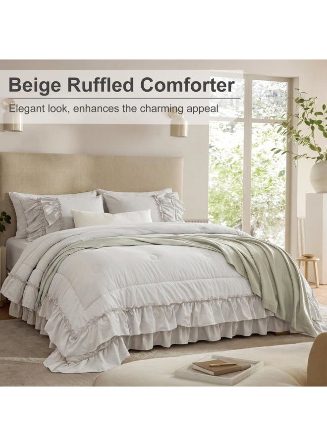 Bedding_Dreamer Bed Set Beige Comfrter Set King Size Boho Bedding Set Shabby Chic 2 Layers Ruffles Bedroom Home Decor Ultra Soft Microfiber Farmhouse Down Comforter Bohemian Quilt Set for Girls Women - Image 3