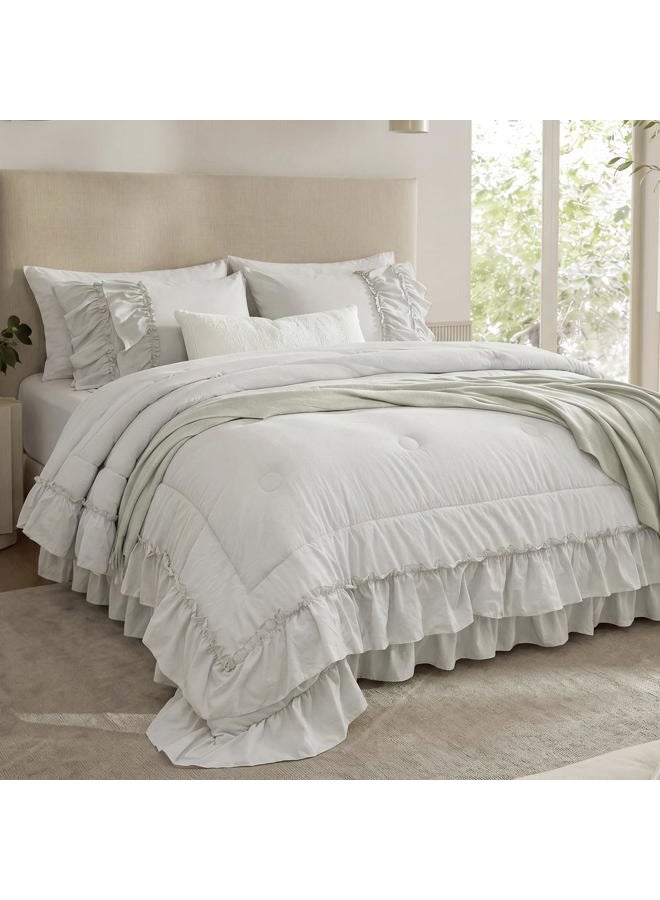 Bedding_Dreamer Bed Set Beige Comfrter Set King Size Boho Bedding Set Shabby Chic 2 Layers Ruffles Bedroom Home Decor Ultra Soft Microfiber Farmhouse Down Comforter Bohemian Quilt Set for Girls Women - Image 1