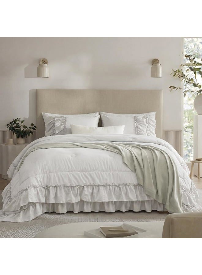 Bedding_Dreamer Bed Set Beige Comfrter Set King Size Boho Bedding Set Shabby Chic 2 Layers Ruffles Bedroom Home Decor Ultra Soft Microfiber Farmhouse Down Comforter Bohemian Quilt Set for Girls Women - Image 2