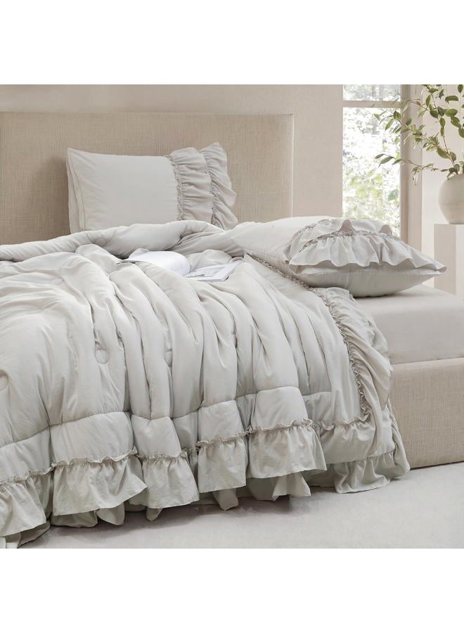 Bedding_Dreamer Bed Set Beige Comfrter Set King Size Boho Bedding Set Shabby Chic 2 Layers Ruffles Bedroom Home Decor Ultra Soft Microfiber Farmhouse Down Comforter Bohemian Quilt Set for Girls Women - Image 4