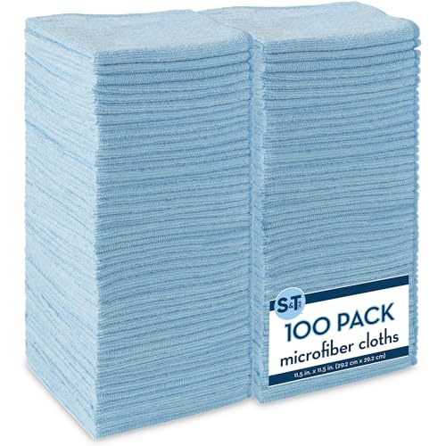 S&T INC. 100 Pack Microfiber Cleaning Cloth, Bulk Towels for Home, Reusable Microfiber Towels for Cars, Cleaning Rags, Light Blue, 11.5 Inches x 11.5 Inches, 100 Count - Image 1