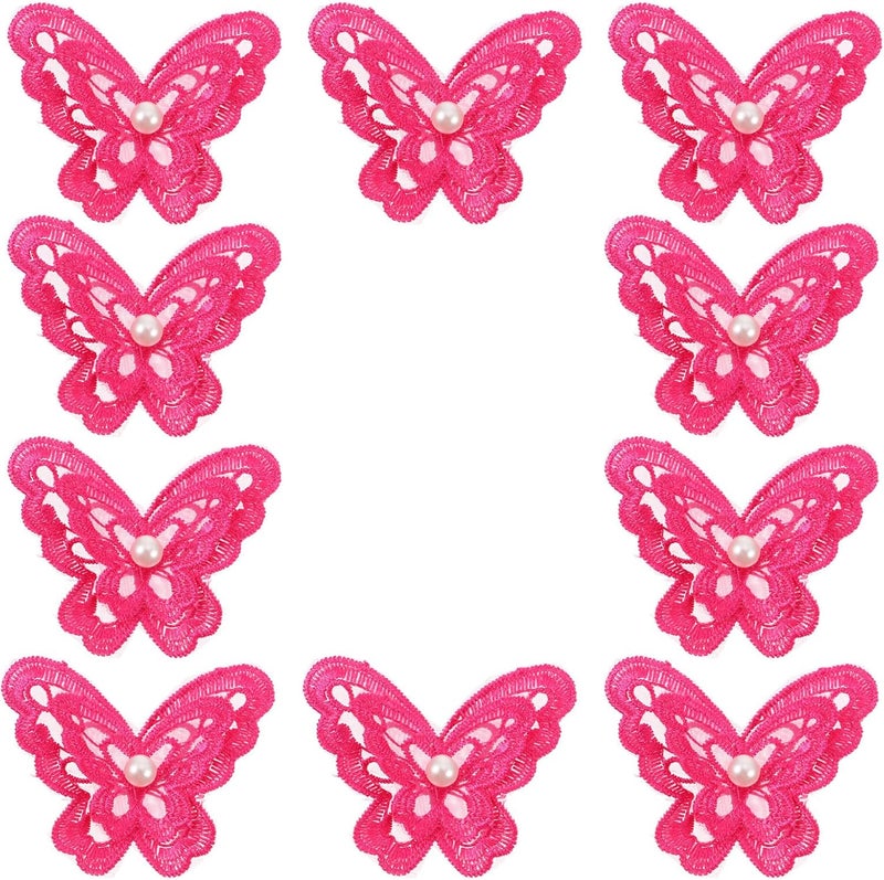 10pcs Handmade Butterfly Embroidered Applique Patches, Rose Red Organza Fabric, DIY Clothing Decoration for Sewing and Crafting Projects - Image 1