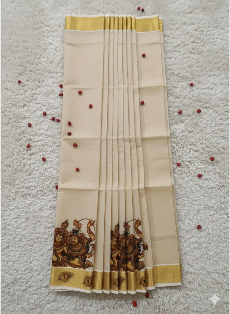 A.M Kerala Kasavu cotton saree with traditional mural art depicting the divine love story of Radha and Krishna - Image 3