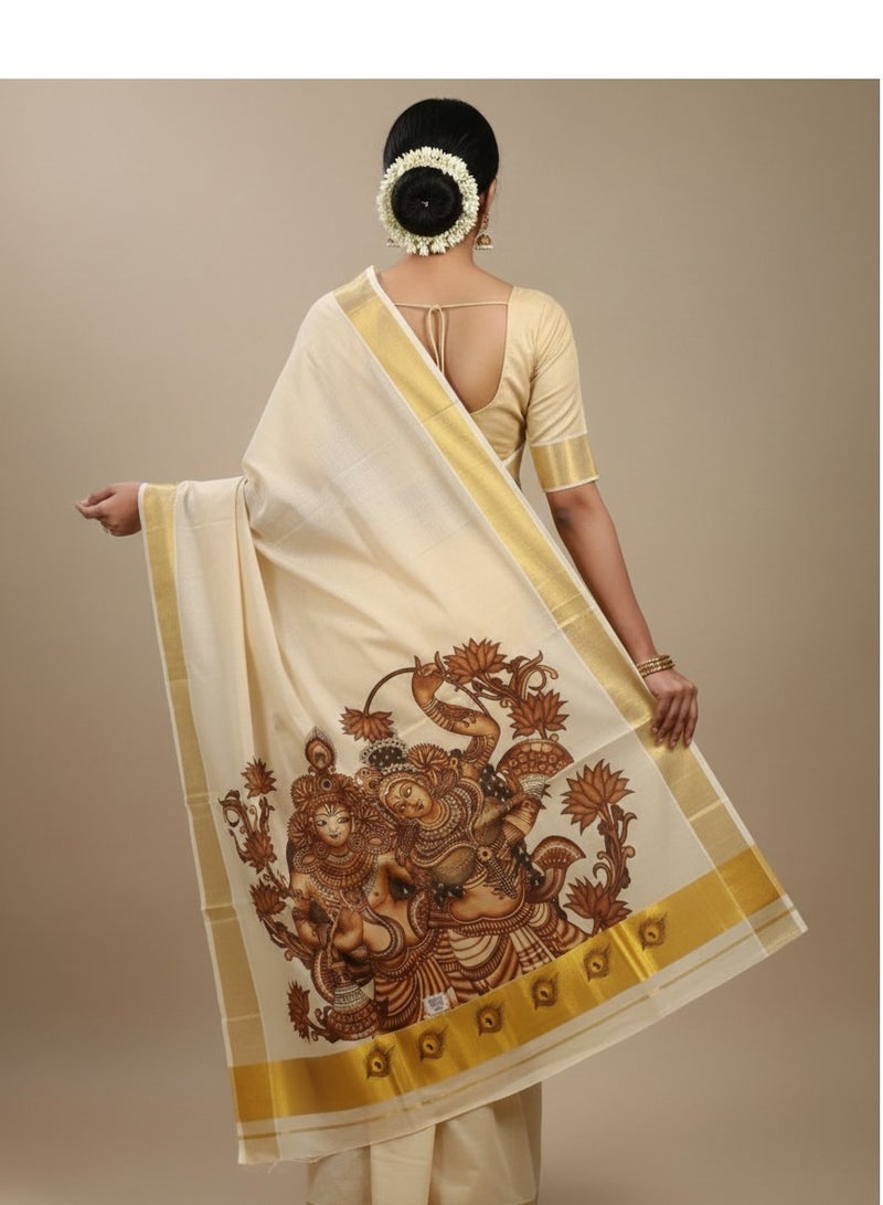 A.M Kerala Kasavu cotton saree with traditional mural art depicting the divine love story of Radha and Krishna - Image 1