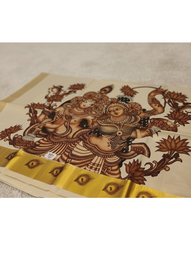 A.M Kerala Kasavu cotton saree with traditional mural art depicting the divine love story of Radha and Krishna - Image 2