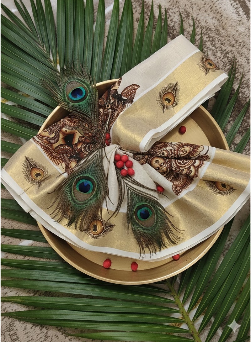 A.M Kerala Kasavu cotton saree with traditional mural art depicting the divine love story of Radha and Krishna - Image 4