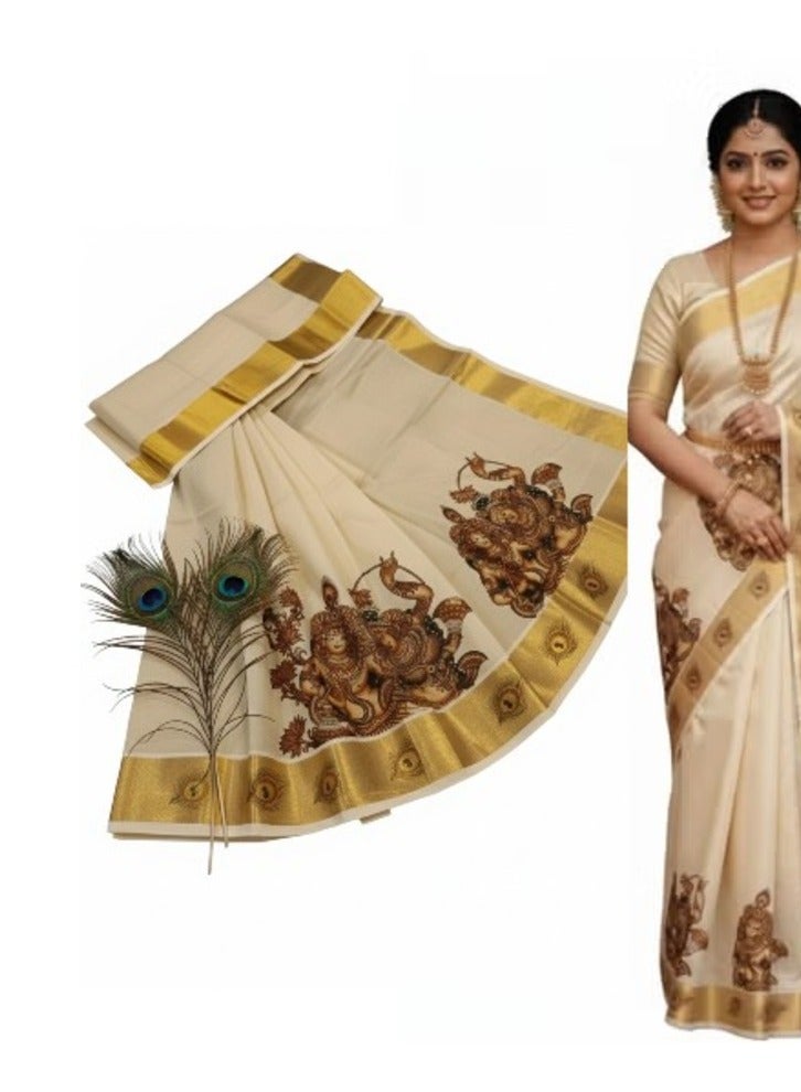 A.M Kerala Kasavu cotton saree with traditional mural art depicting the divine love story of Radha and Krishna - Image 5