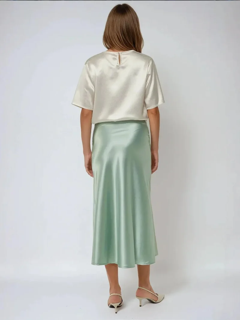 Hiccup Mint Green High-Waist Satin Midi Skirt for Women | Best Price UAE