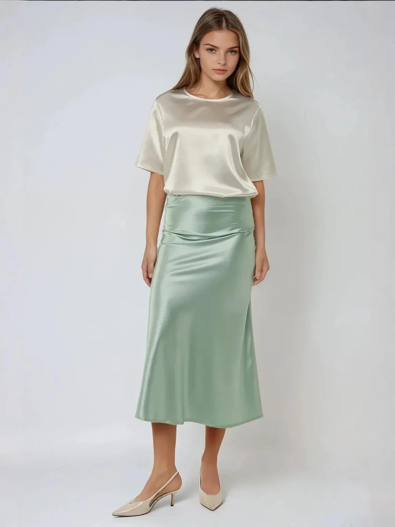 Hiccup Mint Green High-Waist Satin Midi Skirt for Women | Best Price UAE