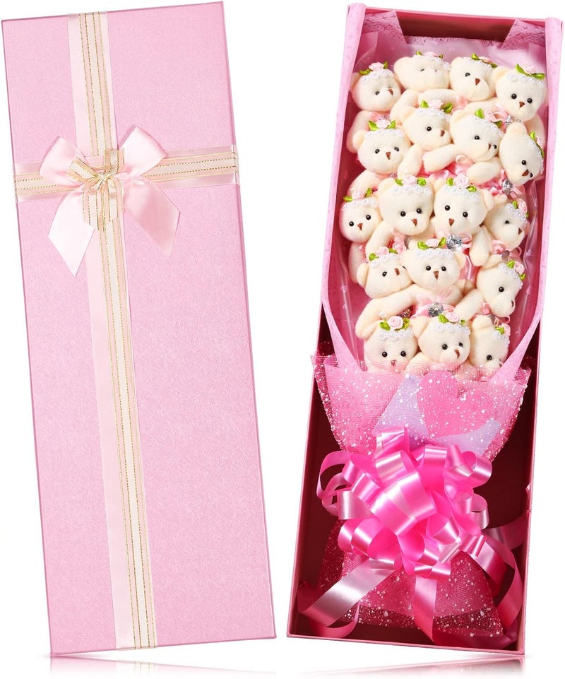 Jexine Jexine Cute Plush Bear Bouquet Wrapped Box One Dozen Long Stemmed Flower Stuffed Plush Bears Wedding Anniversary Graduation Valentines Day Mothers DayPink  - Image 1