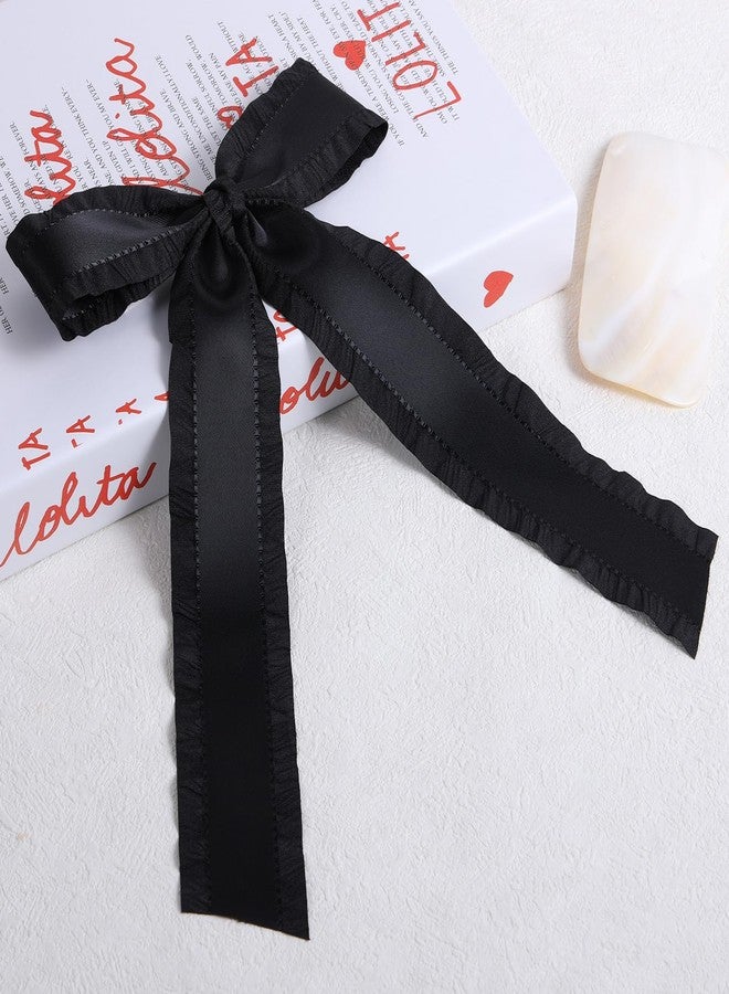 Miroksh 5.5" Black Satin Long Tail Hair Bows Ribbon Clips for Women Girls Toddlers Teens, Elegant Ponytail Holders Barrettes, Her Wedding Halloween Party Dress Decor Accessories - Image 2