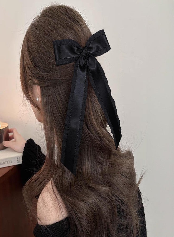 Miroksh 5.5" Black Satin Long Tail Hair Bows Ribbon Clips for Women Girls Toddlers Teens, Elegant Ponytail Holders Barrettes, Her Wedding Halloween Party Dress Decor Accessories - Image 3