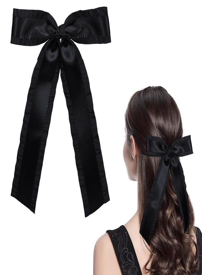 Miroksh 5.5" Black Satin Long Tail Hair Bows Ribbon Clips for Women Girls Toddlers Teens, Elegant Ponytail Holders Barrettes, Her Wedding Halloween Party Dress Decor Accessories - Image 1