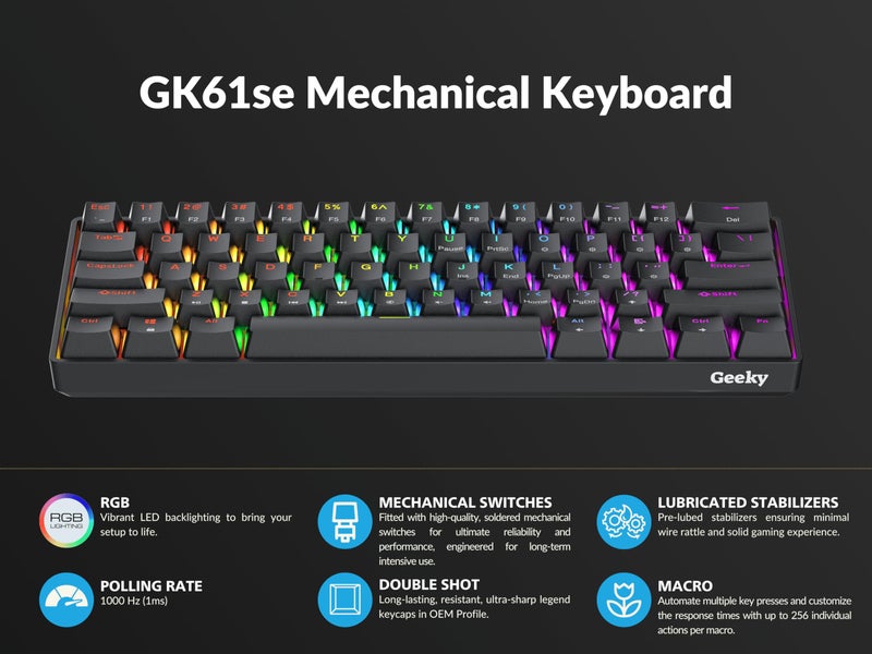 Geeky GK61 SE 60% | Mechanical Gaming Keyboard | 61 Keys Multi Color RGB LED Backlit for PC/Mac Gamer | ANSI US American Layout (Black, Mechanical Speed Silver) - Image 5