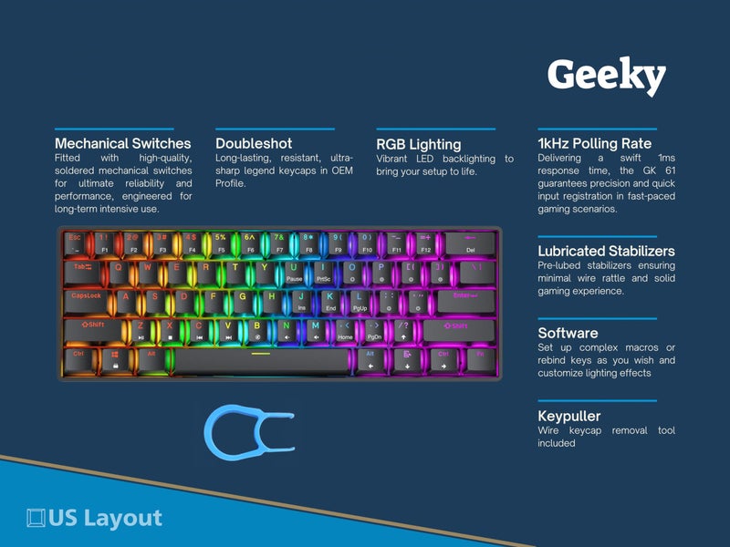 Geeky GK61 SE 60% | Mechanical Gaming Keyboard | 61 Keys Multi Color RGB LED Backlit for PC/Mac Gamer | ANSI US American Layout (Black, Mechanical Speed Silver) - Image 2