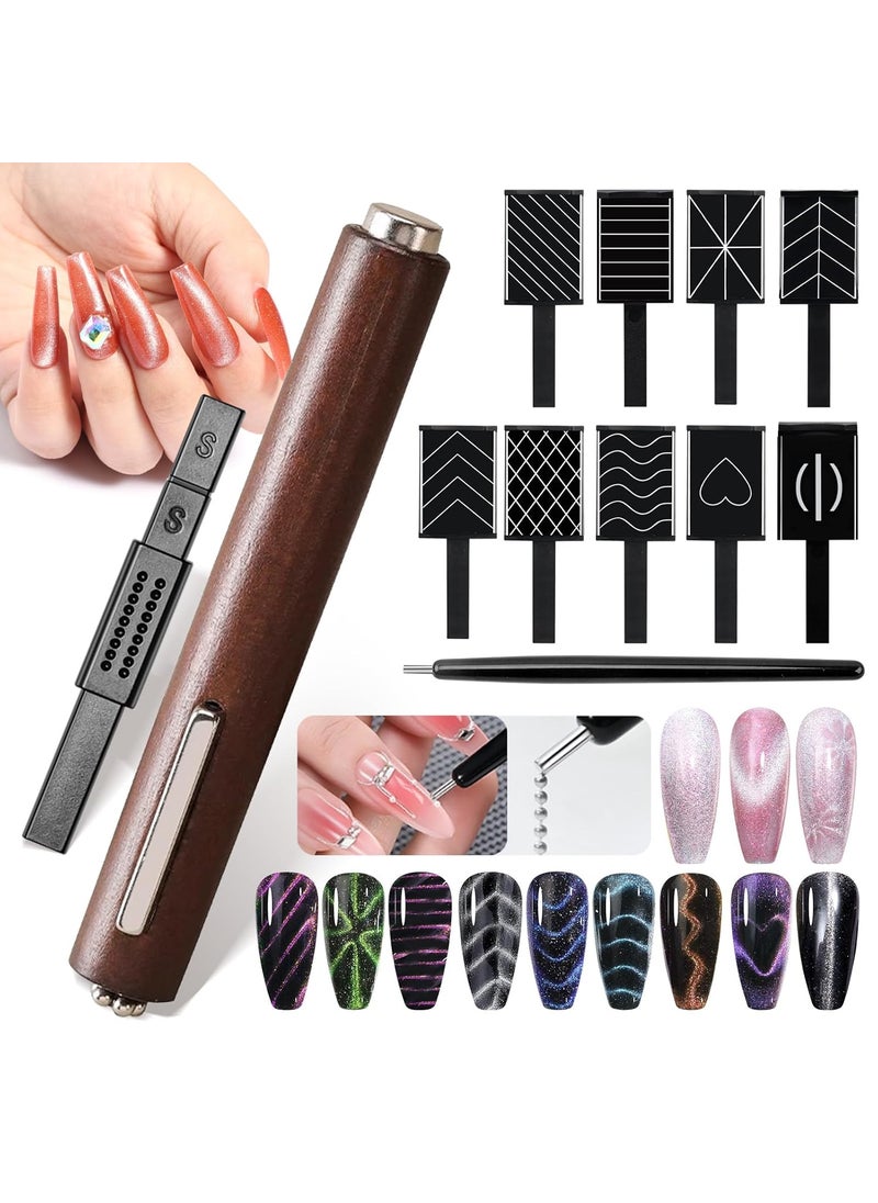 U-Shinein Nail Magnet Tool Set 12 Pieces Cat Eye Gel Nail Magnet Tool Set 3 in 1 Multifunctional Powerful Attractive Nail Magnets Lines Flowers Plate Cat Eye Multiple Artistic Nail Designs 