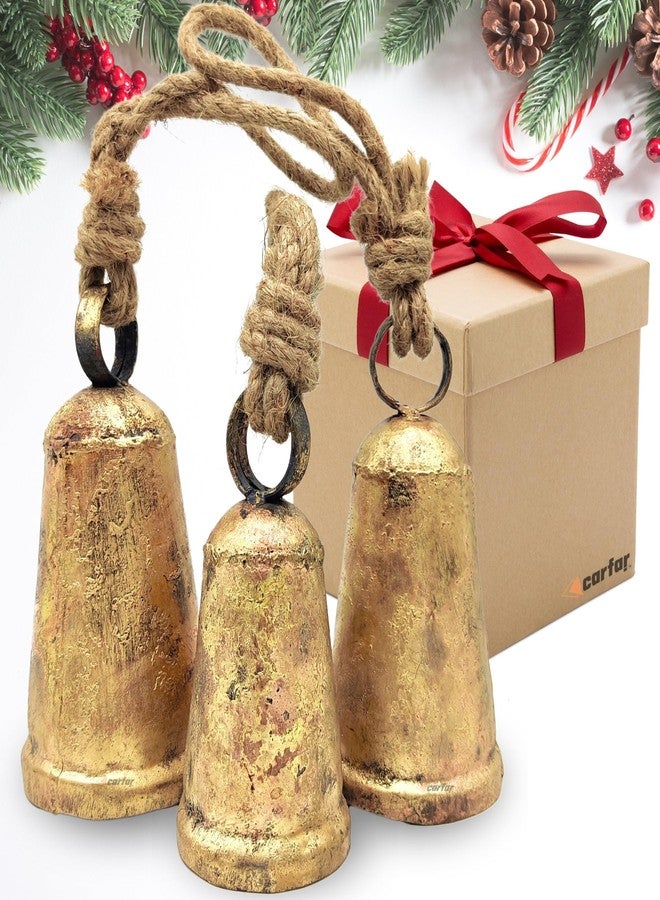 Carfar Set of 3 Rustic Style Cone Shape Bells Handmade Vintage Metal Harmony Christmas Hanging Decorative Cow Bells on Jute Rope - Image 1
