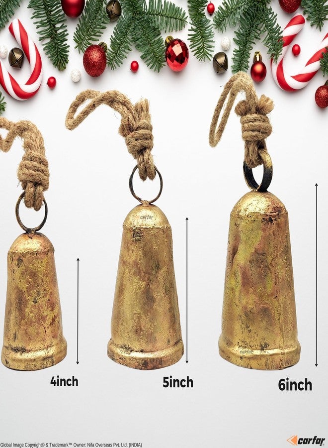 Carfar Set of 3 Rustic Style Cone Shape Bells Handmade Vintage Metal Harmony Christmas Hanging Decorative Cow Bells on Jute Rope - Image 2