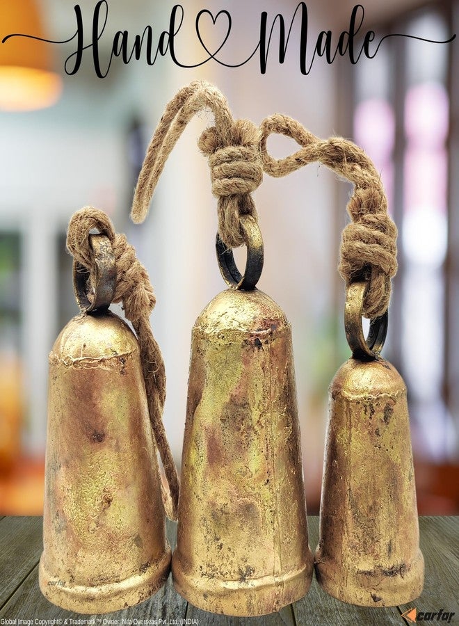 Carfar Set of 3 Rustic Style Cone Shape Bells Handmade Vintage Metal Harmony Christmas Hanging Decorative Cow Bells on Jute Rope - Image 4