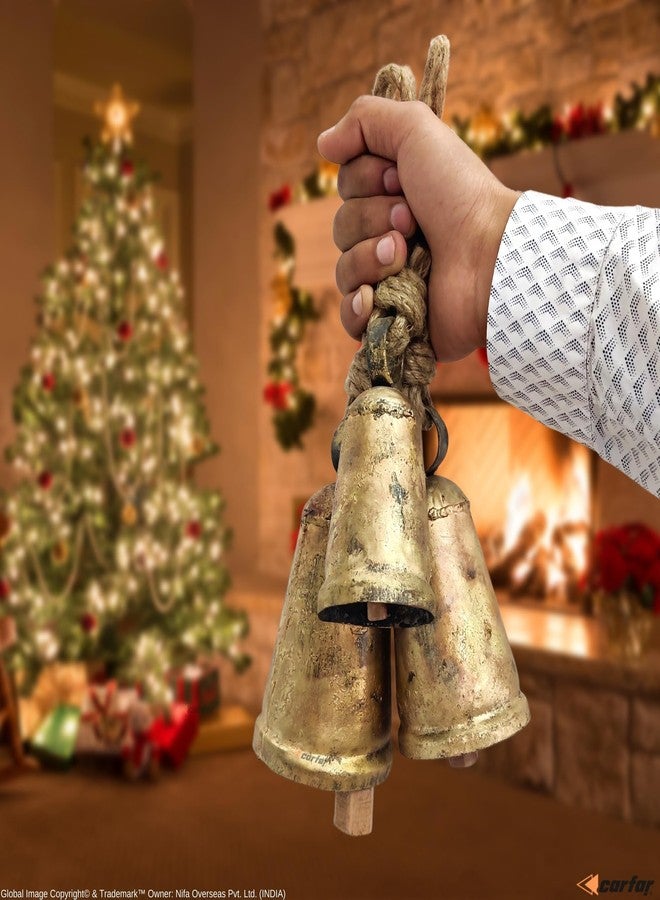 Carfar Set of 3 Rustic Style Cone Shape Bells Handmade Vintage Metal Harmony Christmas Hanging Decorative Cow Bells on Jute Rope - Image 3