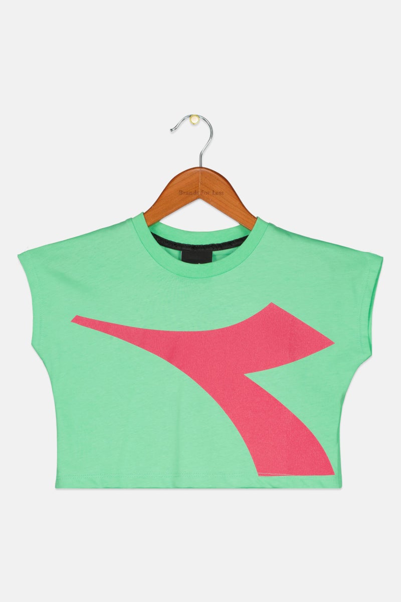 DIADORA Kids Girl Cap Sleeve Brand Logo Tops, Green/Pink - Image 1
