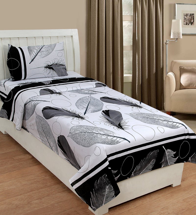 KIHOME Microfibre Cotton 144 TC Bedsheet (Single_White Black) - Image 1