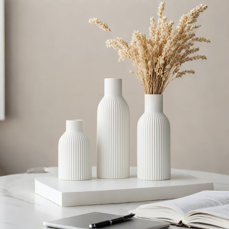 vaurcesa Modern Ceramic Vases Set of 3, White Ribbed Decorative Vases, Shelf Table Centerpiece for Home Decor, Birthday Gifts for Women, Mom, Grandma Decorative (White) - Image 5