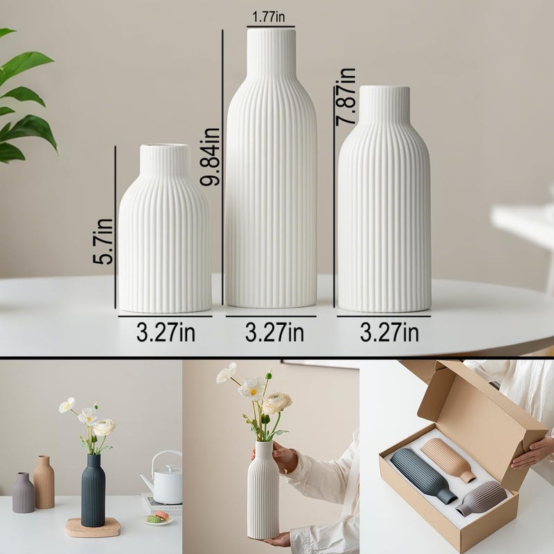 vaurcesa Modern Ceramic Vases Set of 3, White Ribbed Decorative Vases, Shelf Table Centerpiece for Home Decor, Birthday Gifts for Women, Mom, Grandma Decorative (White) - Image 2