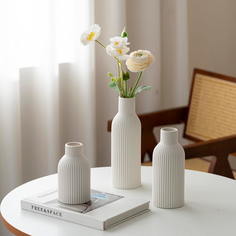 vaurcesa Modern Ceramic Vases Set of 3, White Ribbed Decorative Vases, Shelf Table Centerpiece for Home Decor, Birthday Gifts for Women, Mom, Grandma Decorative (White) - Image 3