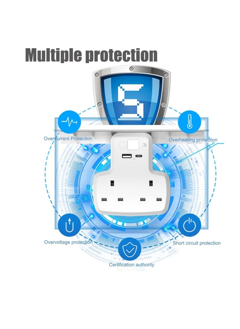 Occuwzz - Multi Plug Outlet Extender 2 Outlet Socket Wall Shelf Surge Protector Wall Mount Outlet Extender with 2 USB ( 1 Type-C and 1 USB-A) Charging Ports, Smart Night Light and Removable Built-In Shelf - Image 1