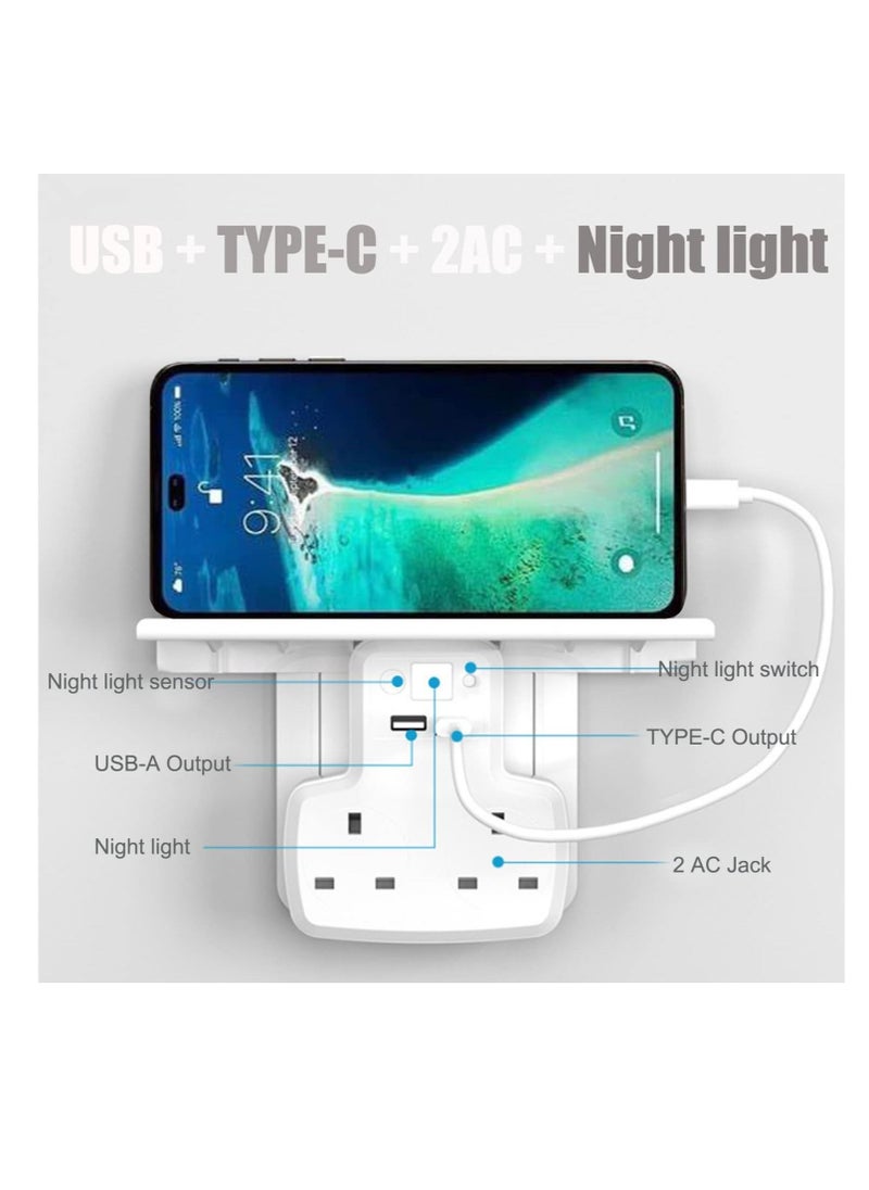 Occuwzz - Multi Plug Outlet Extender 2 Outlet Socket Wall Shelf Surge Protector Wall Mount Outlet Extender with 2 USB ( 1 Type-C and 1 USB-A) Charging Ports, Smart Night Light and Removable Built-In Shelf - Image 1